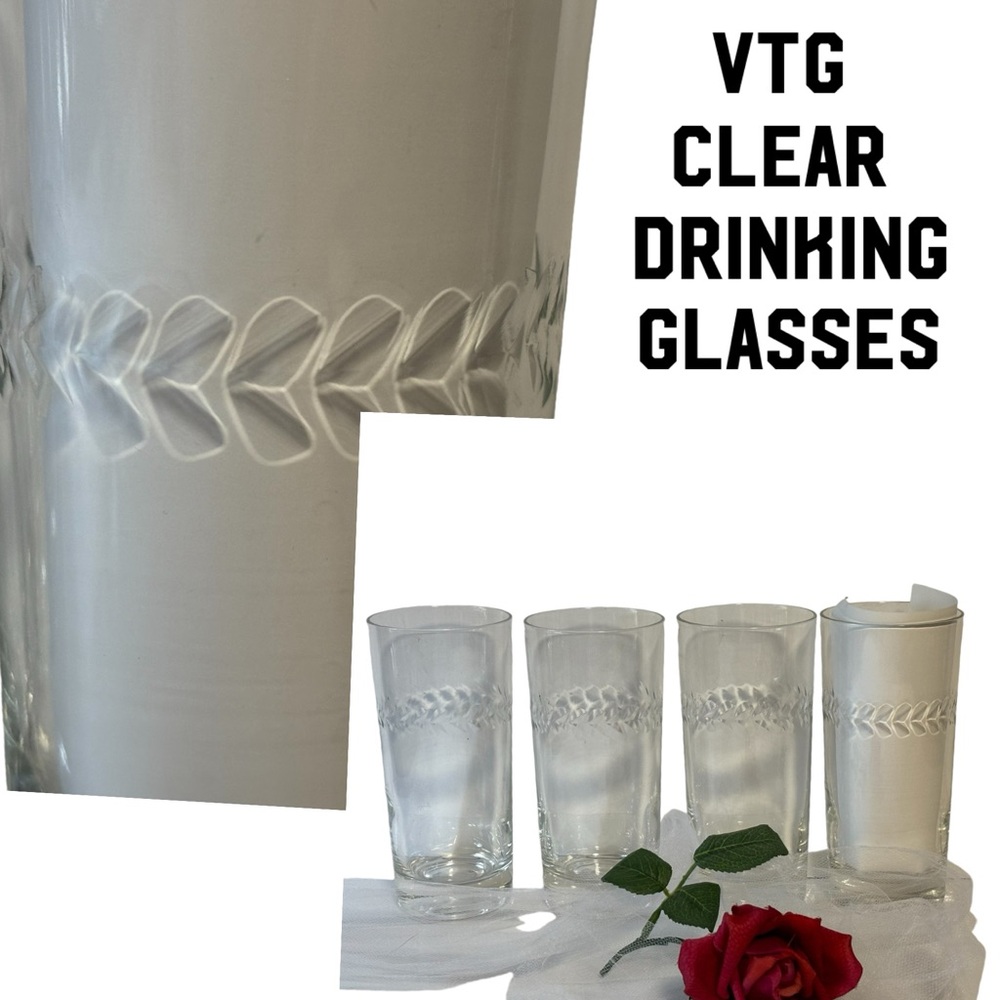 Set of 4 Clear Etched Laurel Wreath Drinking Ice Tea Glasses EUC